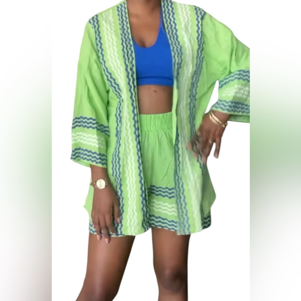 Spoon Jeans Kimono 2 Piece Short Set Lime‎ Green and Blue